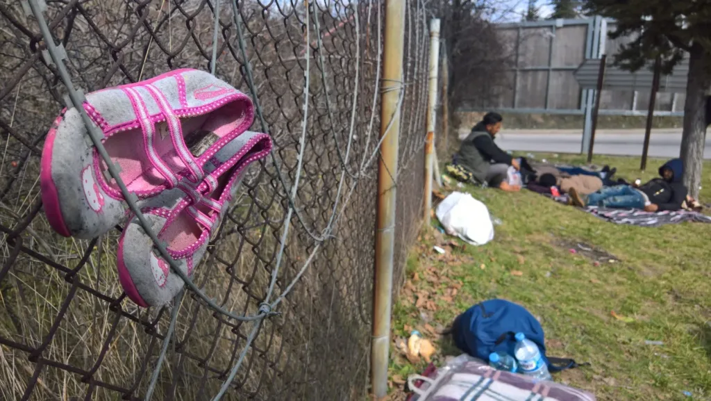 Abandoned children's shoes in the migrant camp